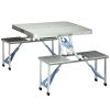 Outsunny Folding Picnic Table with Umbrella Hole, Aluminum Suitcase Portable Outdoor Table with Bench, Patio, Porch or Camping Table and Chair Set, Si